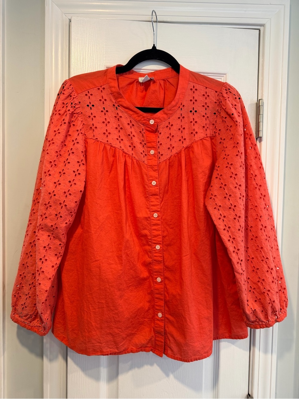 J. Crew Size L Orange Cotton Button Front Eyelet Lace Long Sleeve Blouse Top